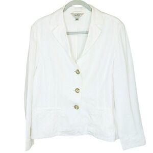LL Bean Blazer Jacket Size 14 Large White Linen Casual Notch Lapel Lined Vintage